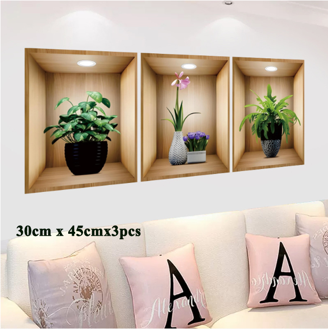 hp: 97626498 4pcs Tropical Plant Wall Stickers Green Plant Potted Plant Instant Peel Wall Decals Suitable for Living Room Office Decor