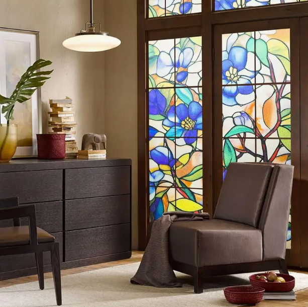 Window Privacy Film - Stained Glass Style Floral Window Clings for Home Decor, Protection & Heat Insulation, Static Cling for Easy Installation, Home Shading Film, 24