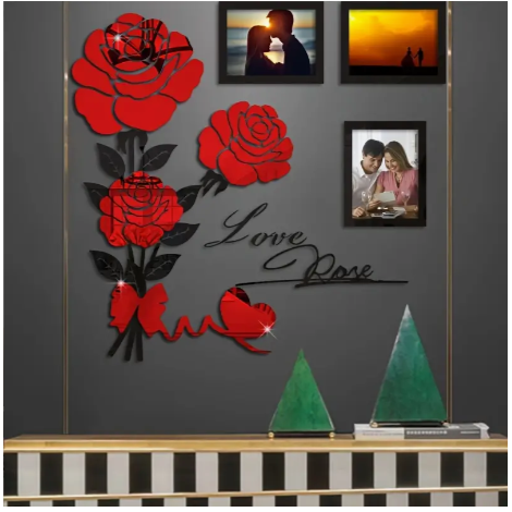Romantic Rose Flower Mirror Decals - 3pcs Set with Photo Frames, Red & Blue Roses for Sparkling Home Decor in Living Room, Bedroom, TV Wall, Closet, Entryway