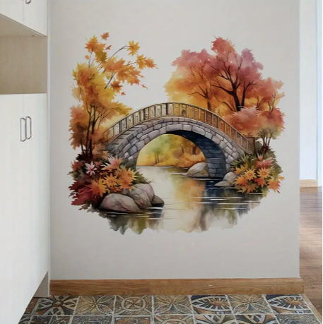 1pc PVC Wall Sticker, Autumn Arch Bridge Scenery for Bedroom Living Room, Self-Adhesive Removable Wall Decal, Home Décor Major Material: PVC