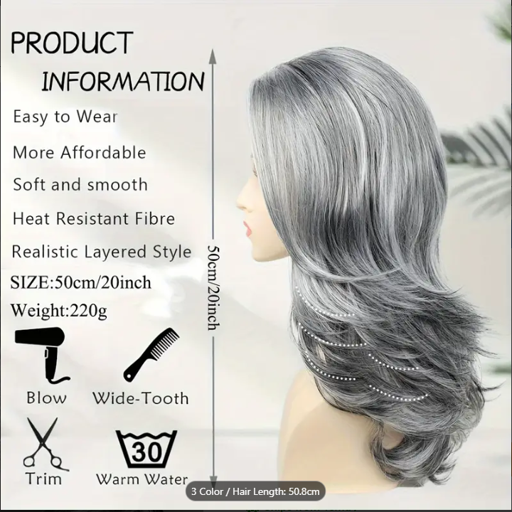 Elegant 20-Inch Grey Ombre Wig For Women - Highlighted Silvery, Curly Layered Synthetic Hair With Rose Net Cap, Perfect For Daily Wear & Parties Hair Accessories For Women Wigs For Women