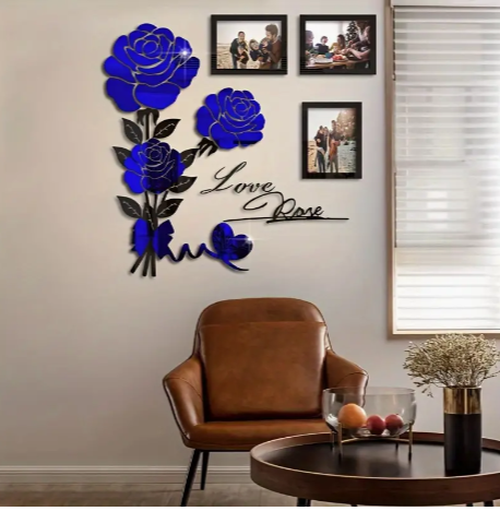 Romantic Rose Flower Mirror Decals - 3pcs Set with Photo Frames, Red & Blue Roses for Sparkling Home Decor in Living Room, Bedroom, TV Wall, Closet, Entryway