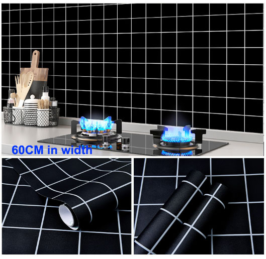 G.W.S   HP:9762-6498 Black Grid Kitchen Wall Sticker – Waterproof Oilproof Peel and Stick Wallpaper, 60CM Width, Heat Resistant Vinyl