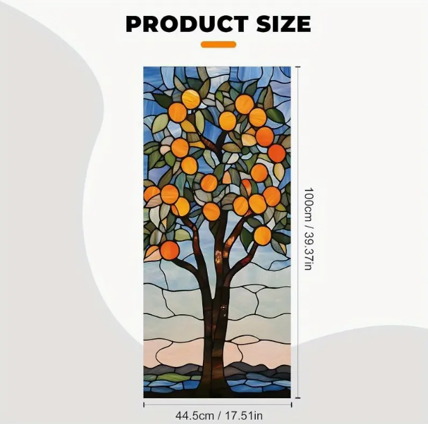 Floral Stained Glass Style Window Privacy Film - Reusable Non-Adhesive Decorative Privacy Screen, Vibrant Orange Tree Design, 17.5 x 39.3in, Easy to Install, Enhances Room Aesthetics, Decorative Privacy Screen, Room Enhancement, Artistic Decor, Easyi