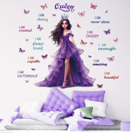 Contemporary Style Princess Purple Dress with Butterflies Inspirational Quote Wall Stickers - Cartoon Themed Semi-Matte Polyvinyl Chloride Decals, Detachable Design, Self-Adhesive for Bedroom and Living Room Decor