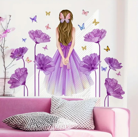 A set of 2pcs 11.81*35.43inch*2pcs Purple Girl Butterfly Purple Flower Bedroom Living Room Background Wall Decoration Self-adhesive Wall Stickers MS2486-KQ