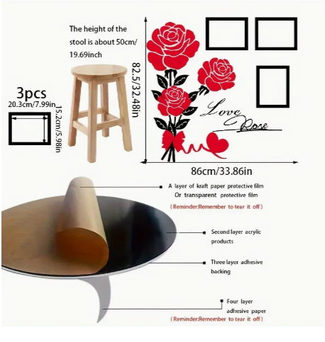 Romantic Rose Flower Mirror Decals - 3pcs Set with Photo Frames, Red & Blue Roses for Sparkling Home Decor in Living Room, Bedroom, TV Wall, Closet, Entryway