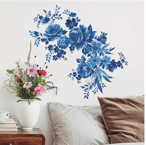 2pcs/set Artistic PVC Wall Decal, Blue Floral Mural, Self-adhesive Removable Wall Art Sticker For Bedroom, Entryway, Living Room, Office, Porch, Background Wall Decor, Home Decoration