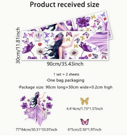Contemporary Purple Floral & Butterfly Wall Decals - 2 Sheet Set (11.81*35.43inch Each), PVC Self-Adhesive Wall Art Stickers for Living Room Bedroom Decor, Detachable Irregular-Shaped Flower Theme Wall Murals MS2489-KQ