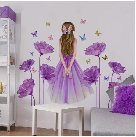 A set of 2pcs 11.81*35.43inch*2pcs Purple Girl Butterfly Purple Flower Bedroom Living Room Background Wall Decoration Self-adhesive Wall Stickers MS2486-KQ
