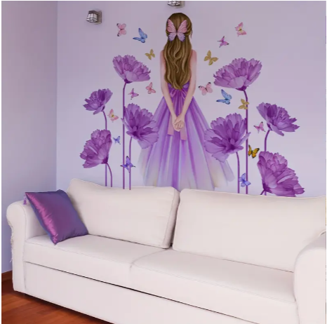 A set of 2pcs 11.81*35.43inch*2pcs Purple Girl Butterfly Purple Flower Bedroom Living Room Background Wall Decoration Self-adhesive Wall Stickers MS2486-KQ