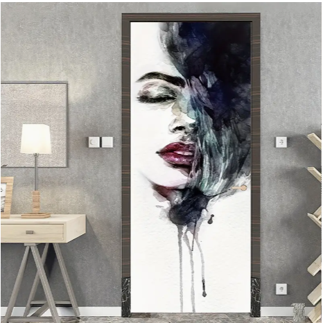 2pcs Black Half Face Women 3D Door Sticker, Peel And Stick Removable Waterproof Wallpaper, Wall Mural, Self-adhesive Wallpaper, PVC Sticker, Removable Wall Decal Suitable For Home Interior Decoration Style, 78.74inch*15.16inch