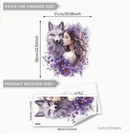 Creative Floral Wolf Girl Wall Decals, Set of 2 Self-Adhesive Bedroom Living Room Bathroom Home Decor Stickers, Faux Animal Flower Motif Vinyl Wall Art M12008-YX