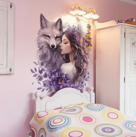 Creative Floral Wolf Girl Wall Decals, Set of 2 Self-Adhesive Bedroom Living Room Bathroom Home Decor Stickers, Faux Animal Flower Motif Vinyl Wall Art M12008-YX