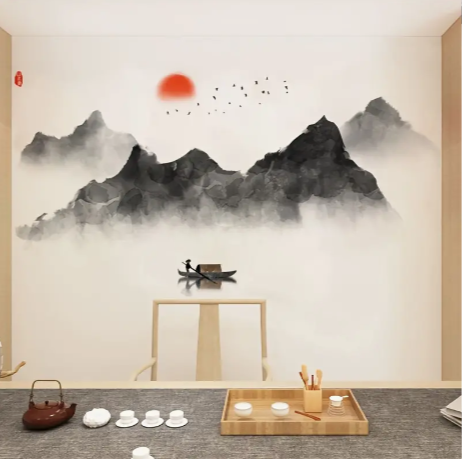2pcs Creative Wall Sticker, Mountain And River Flying Birds Red Moon Pattern Self-Adhesive Wall Stickers, Bedroom Entryway Living Room Porch Home Decoration Wall Stickers, Removable Stickers, Wall Decor Decals