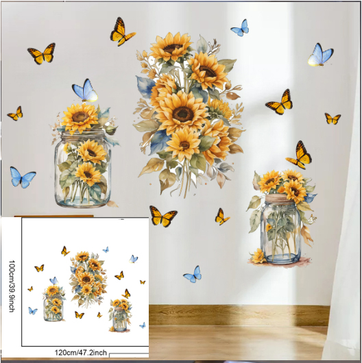 Whimsical Charm, Sunflower & Butterfly Wall Decals - Removable PVC Stickers for Living Room, Bedroom, and Entryway Decor  G.W.S   HP 97626498