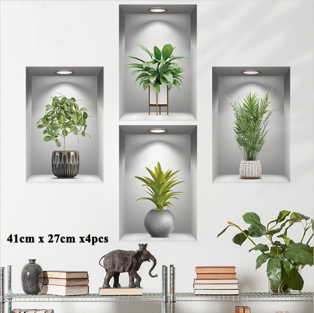 hp: 97626498 4pcs Tropical Plant Wall Stickers Green Plant Potted Plant Instant Peel Wall Decals Suitable for Living Room Office Decor
