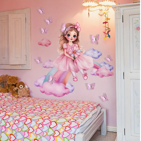 3D Pink Butterfly & Rainbow Girl Wall Stickers Set, Contemporary PVC Wall Art, Self-Adhesive, Removable, One-Time Use, Irregular Shape, for Living Room Bedroom Background Decor, B12002+PY1508-YX
