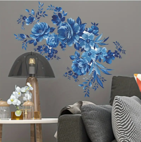 2pcs/set Artistic PVC Wall Decal, Blue Floral Mural, Self-adhesive Removable Wall Art Sticker For Bedroom, Entryway, Living Room, Office, Porch, Background Wall Decor, Home Decoration