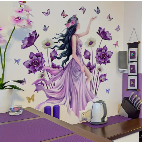 Contemporary Purple Floral & Butterfly Wall Decals - 2 Sheet Set (11.81*35.43inch Each), PVC Self-Adhesive Wall Art Stickers for Living Room Bedroom Decor, Detachable Irregular-Shaped Flower Theme Wall Murals MS2489-KQ