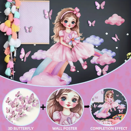 3D Pink Butterfly & Rainbow Girl Wall Stickers Set, Contemporary PVC Wall Art, Self-Adhesive, Removable, One-Time Use, Irregular Shape, for Living Room Bedroom Background Decor, B12002+PY1508-YX