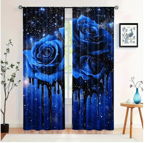 2pcs Blue Rose Print Curtains - Charming Rod Pocket Design for Bedroom, Living Room & More - Durable Polyester Window Treatments, Easy Install (Rod Not Included)