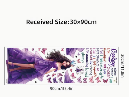 Contemporary Style Princess Purple Dress with Butterflies Inspirational Quote Wall Stickers - Cartoon Themed Semi-Matte Polyvinyl Chloride Decals, Detachable Design, Self-Adhesive for Bedroom and Living Room Decor