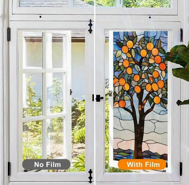 Floral Stained Glass Style Window Privacy Film - Reusable Non-Adhesive Decorative Privacy Screen, Vibrant Orange Tree Design, 17.5 x 39.3in, Easy to Install, Enhances Room Aesthetics, Decorative Privacy Screen, Room Enhancement, Artistic Decor, Easyi