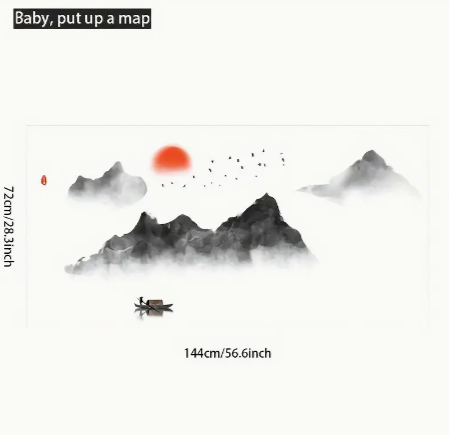 2pcs Creative Wall Sticker, Mountain And River Flying Birds Red Moon Pattern Self-Adhesive Wall Stickers, Bedroom Entryway Living Room Porch Home Decoration Wall Stickers, Removable Stickers, Wall Decor Decals