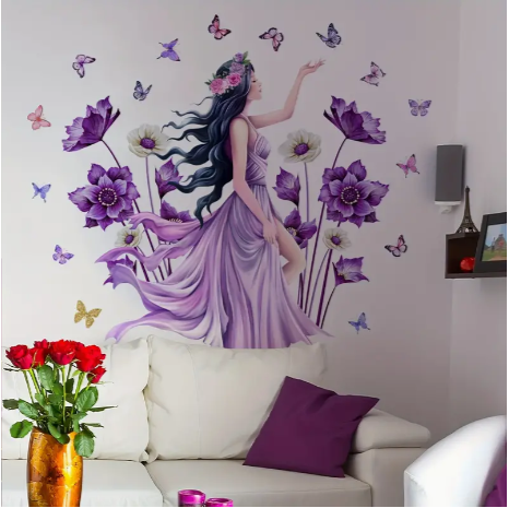 Contemporary Purple Floral & Butterfly Wall Decals - 2 Sheet Set (11.81*35.43inch Each), PVC Self-Adhesive Wall Art Stickers for Living Room Bedroom Decor, Detachable Irregular-Shaped Flower Theme Wall Murals MS2489-KQ