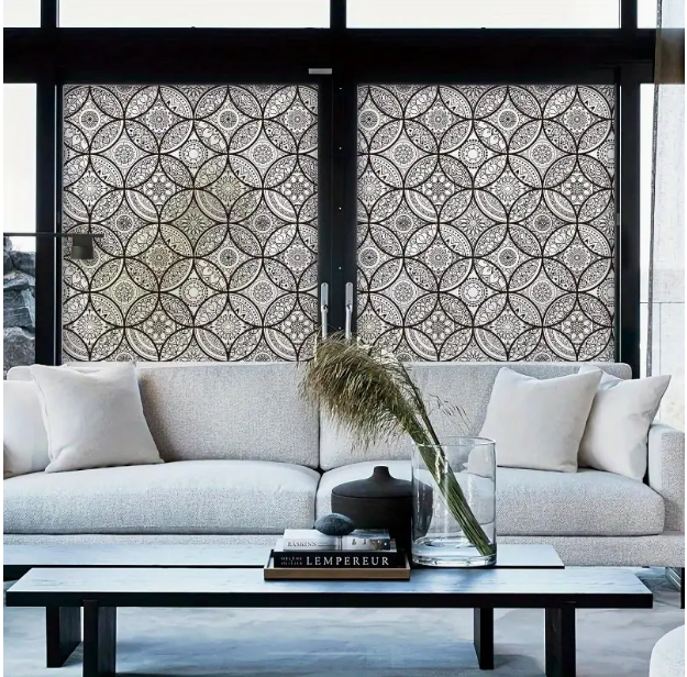 Boho Stained Glass Look Window Privacy Film with Installation Tools Decorative Frosted Glass Window Film Static Cling No Glue Removable Pure Black 17.7 x 78.7