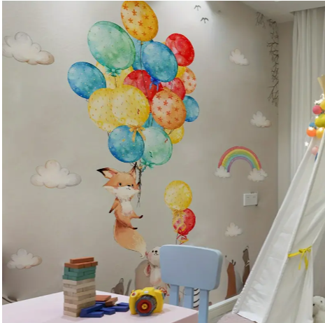 A Set Of 3 Sheets (11.81*35.43inch*3pcs) Cartoon Animal Fox Mouse Colorful Balloon Wall Stickers, Bedroom Room Background Wall Decoration Stickers
