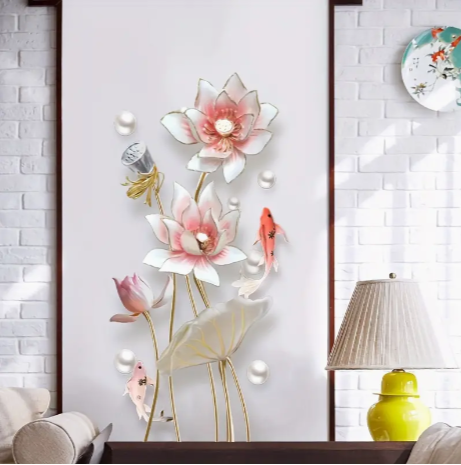 Contemporary 3D Lotus Flower Wall Decals with Koi Fish - PVC Self-Adhesive Floral and Fish Wall Stickers for Living Room, Bedroom, Hallway, Sofa Background, TV Wall Decor (1PC)