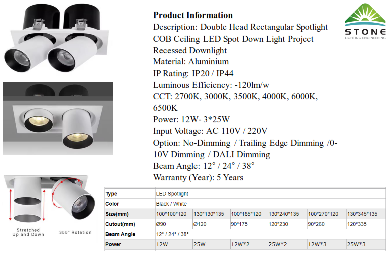 Double Head Rectangular Spotlight COB Ceiling LED Spot Down Light Project Recessed Downlight
