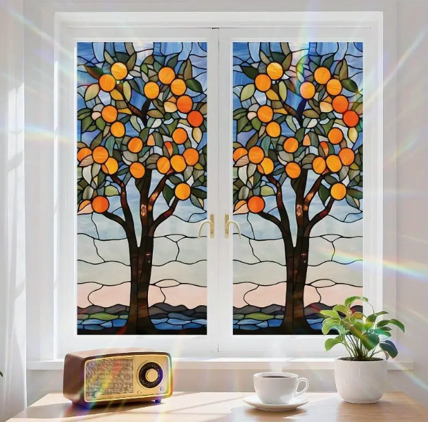Floral Stained Glass Style Window Privacy Film - Reusable Non-Adhesive Decorative Privacy Screen, Vibrant Orange Tree Design, 17.5 x 39.3in, Easy to Install, Enhances Room Aesthetics, Decorative Privacy Screen, Room Enhancement, Artistic Decor, Easyi
