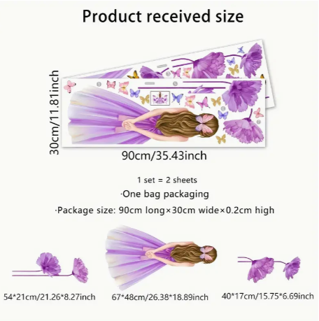 A set of 2pcs 11.81*35.43inch*2pcs Purple Girl Butterfly Purple Flower Bedroom Living Room Background Wall Decoration Self-adhesive Wall Stickers MS2486-KQ