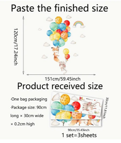A Set Of 3 Sheets (11.81*35.43inch*3pcs) Cartoon Animal Fox Mouse Colorful Balloon Wall Stickers, Bedroom Room Background Wall Decoration Stickers