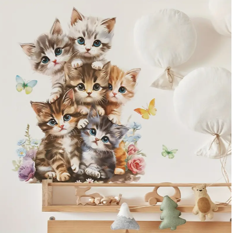 Adorable Cartoon Cat & Butterfly Wall Decals - Easy Peel & Stick, Removable Art for Bedroom, Living Room, and Home Décor Material: Plastic