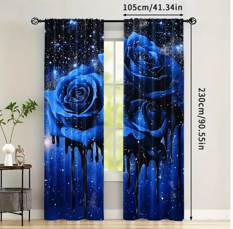 2pcs Blue Rose Print Curtains - Charming Rod Pocket Design for Bedroom, Living Room & More - Durable Polyester Window Treatments, Easy Install (Rod Not Included)