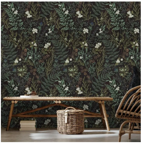 Tropical Moss Leaf Peel and Stick Wallpaper - Self-Adhesive Removable Vinyl Black Floral Contact Paper with Green Leaves, White Flowers & Golden Accents for Bedroom Walls, Cabinets, Shelves - Easy DIY Home Decor, Shelf Embellishment, Natureinspired D