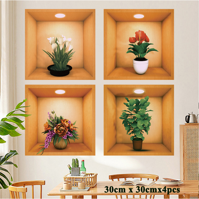 hp: 97626498 4pcs Tropical Plant Wall Stickers Green Plant Potted Plant Instant Peel Wall Decals Suitable for Living Room Office Decor