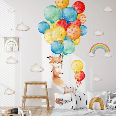 A Set Of 3 Sheets (11.81*35.43inch*3pcs) Cartoon Animal Fox Mouse Colorful Balloon Wall Stickers, Bedroom Room Background Wall Decoration Stickers