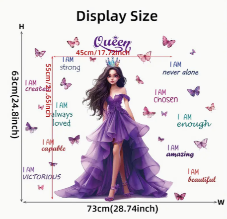 Contemporary Style Princess Purple Dress with Butterflies Inspirational Quote Wall Stickers - Cartoon Themed Semi-Matte Polyvinyl Chloride Decals, Detachable Design, Self-Adhesive for Bedroom and Living Room Decor