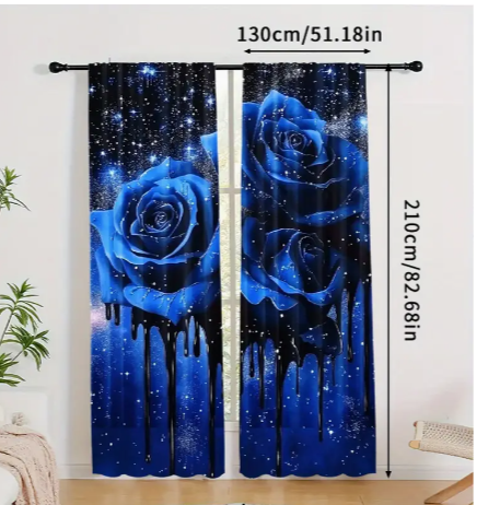 2pcs Blue Rose Print Curtains - Charming Rod Pocket Design for Bedroom, Living Room & More - Durable Polyester Window Treatments, Easy Install (Rod Not Included)