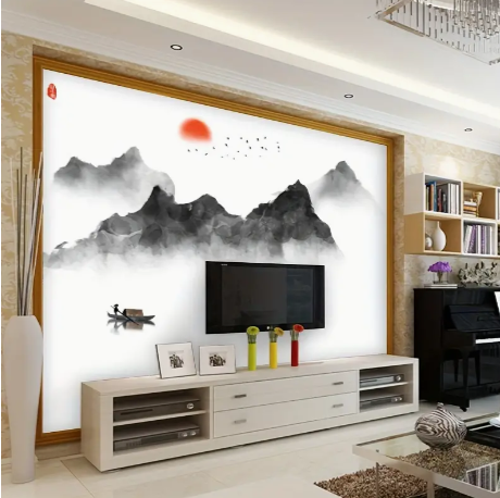 2pcs Creative Wall Sticker, Mountain And River Flying Birds Red Moon Pattern Self-Adhesive Wall Stickers, Bedroom Entryway Living Room Porch Home Decoration Wall Stickers, Removable Stickers, Wall Decor Decals