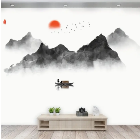 2pcs Creative Wall Sticker, Mountain And River Flying Birds Red Moon Pattern Self-Adhesive Wall Stickers, Bedroom Entryway Living Room Porch Home Decoration Wall Stickers, Removable Stickers, Wall Decor Decals