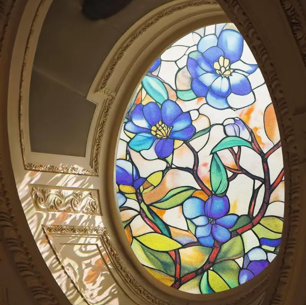 Window Privacy Film - Stained Glass Style Floral Window Clings for Home Decor, Protection & Heat Insulation, Static Cling for Easy Installation, Home Shading Film, 24