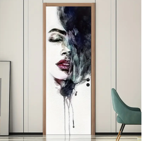 2pcs Black Half Face Women 3D Door Sticker, Peel And Stick Removable Waterproof Wallpaper, Wall Mural, Self-adhesive Wallpaper, PVC Sticker, Removable Wall Decal Suitable For Home Interior Decoration Style, 78.74inch*15.16inch