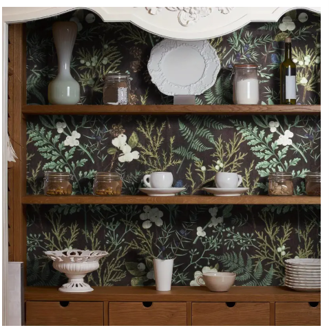 Tropical Moss Leaf Peel and Stick Wallpaper - Self-Adhesive Removable Vinyl Black Floral Contact Paper with Green Leaves, White Flowers & Golden Accents for Bedroom Walls, Cabinets, Shelves - Easy DIY Home Decor, Shelf Embellishment, Natureinspired D