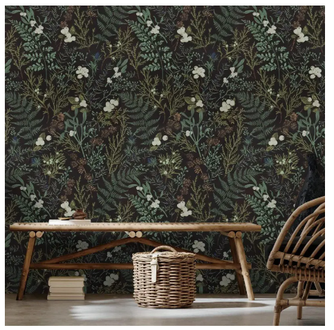 Tropical Moss Leaf Peel and Stick Wallpaper - Self-Adhesive Removable Vinyl Black Floral Contact Paper with Green Leaves, White Flowers & Golden Accents for Bedroom Walls, Cabinets, Shelves - Easy DIY Home Decor, Shelf Embellishment, Natureinspired D